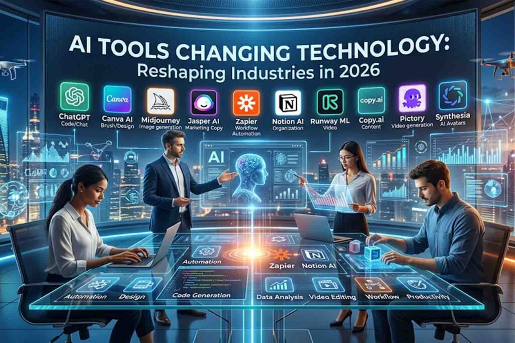 Digital workspace in 2026 showing entrepreneurs using top AI tools like ChatGPT, Canva, and Midjourney to automate business workflows.