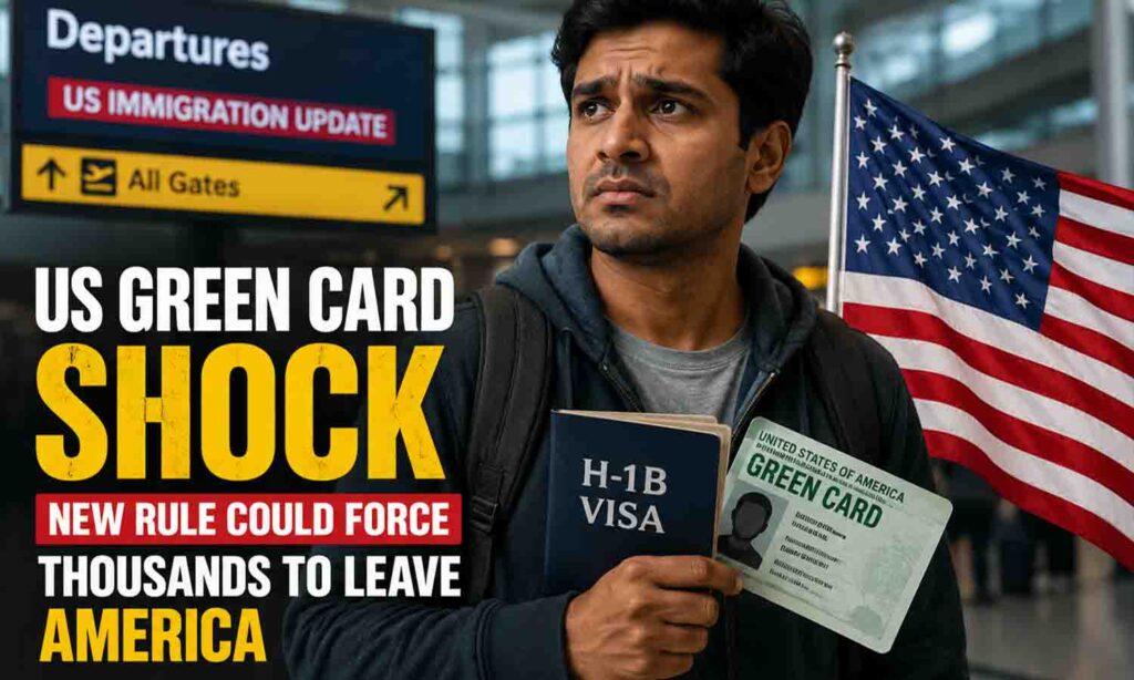 Worried H-1B visa worker holding Green Card documents at US airport amid new US Green Card Rule 2026 immigration changes