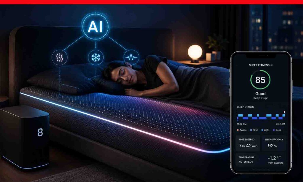 Eight Sleep Pod AI mattress tracking sleep, monitoring body temperature, and displaying sleep score through a smart app.